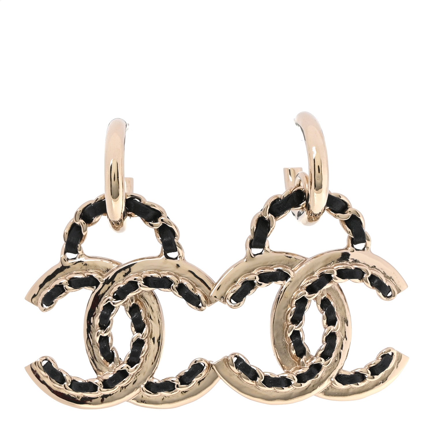 Chanel Lambskin Chain CC Drop Earrings Black Gold 1 of 4