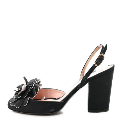 Chanel Satin Camelia Block Heels Sandals 37.5 Black 1 of 11