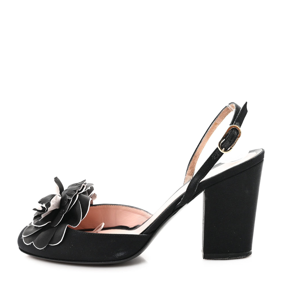 Chanel Satin Camelia Block Heels Sandals 37.5 Black 1768982 – FASHIONPHILE
