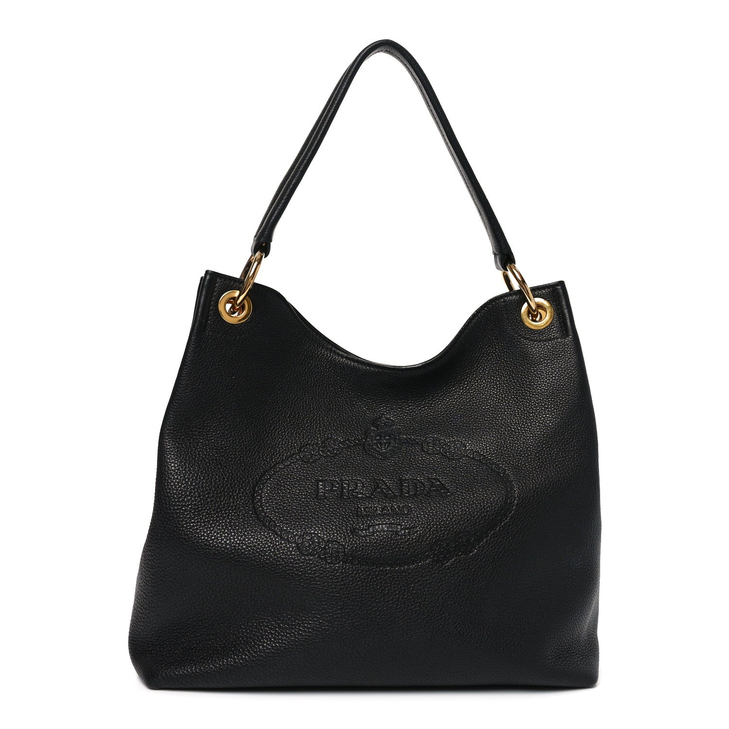 Prada Vitello Phenix Embossed Logo Hobo Black 1 of 9