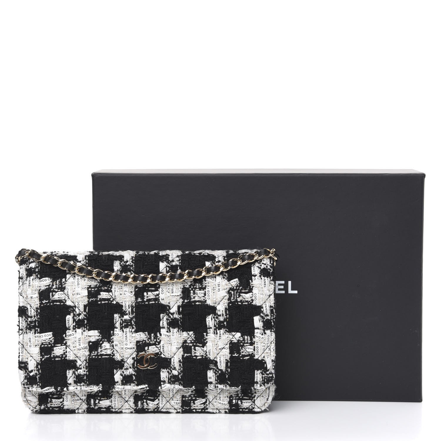 Chanel Tweed Quilted Wallet On Chain WOC Black Ecru White 11 of 11