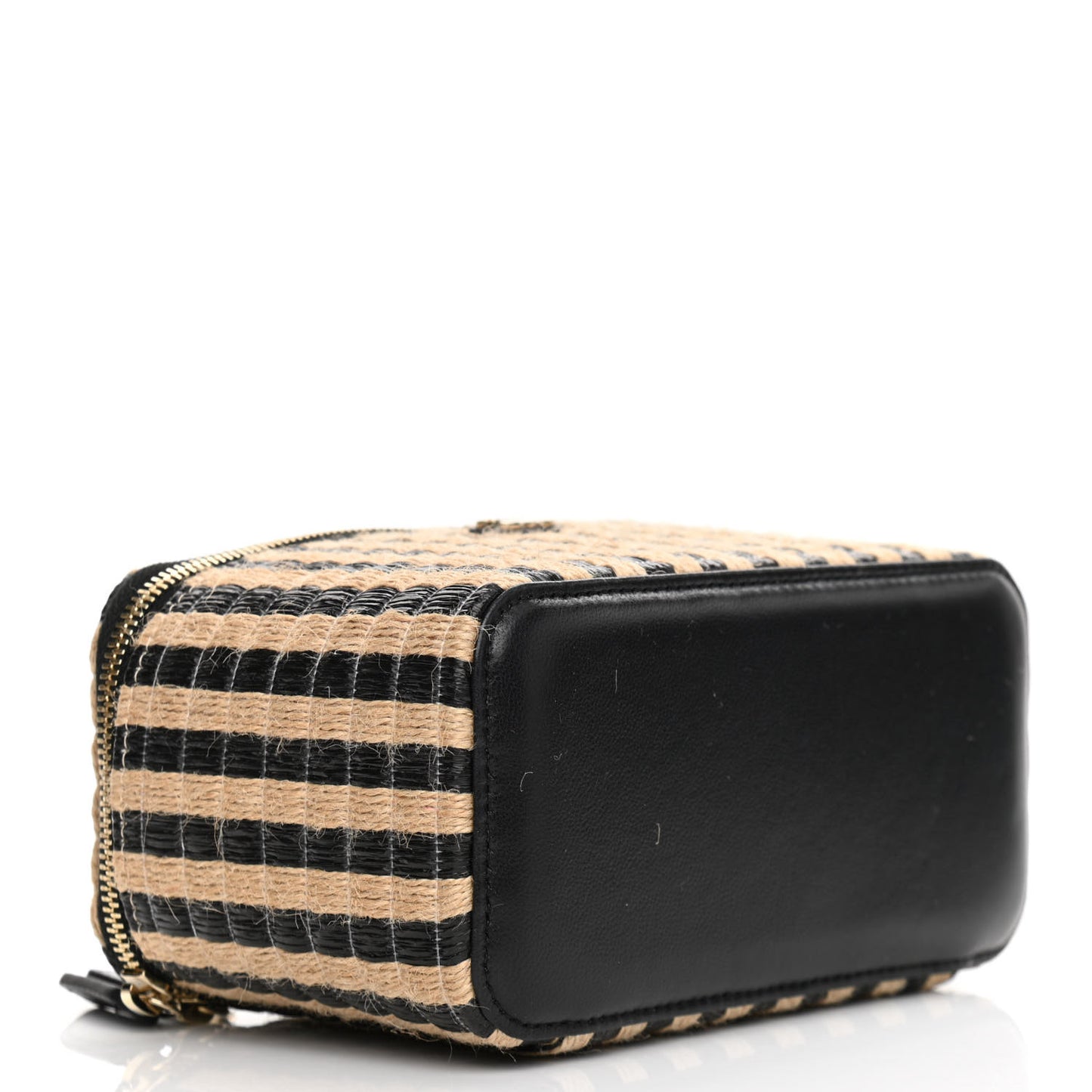 Raffia Jute Striped Small Vanity Case With Chain Black Beige