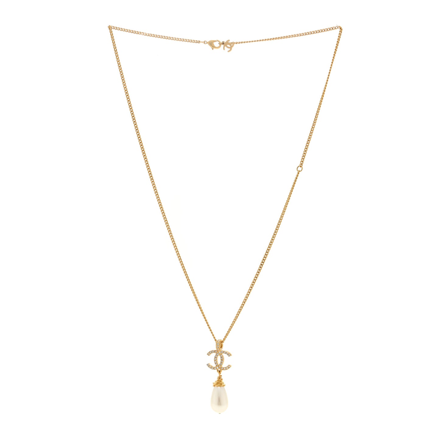 Crystal Pearl CC Drop Necklace Gold