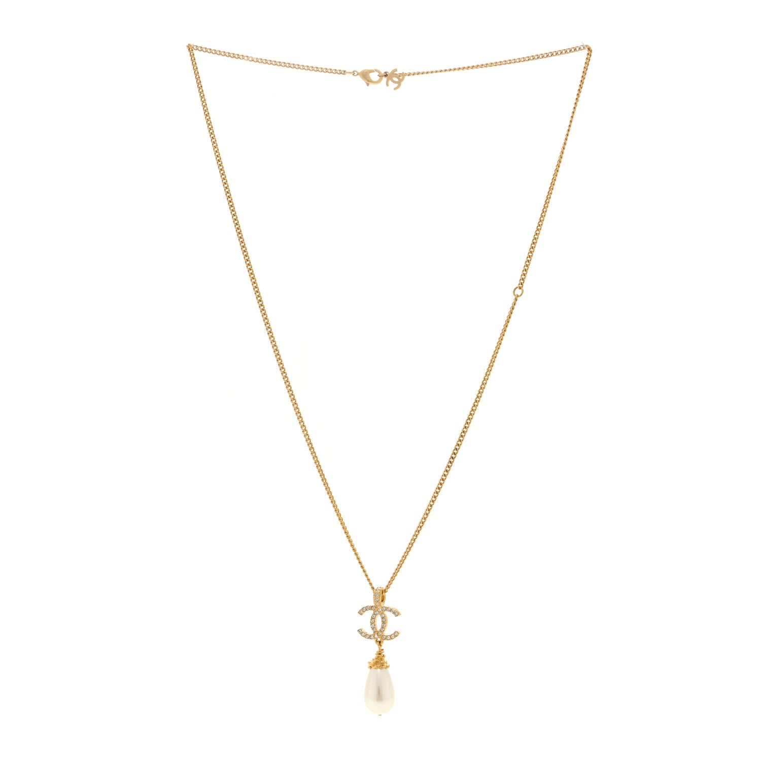 Chanel Crystal Pearl CC Drop Necklace Gold 3 of 4