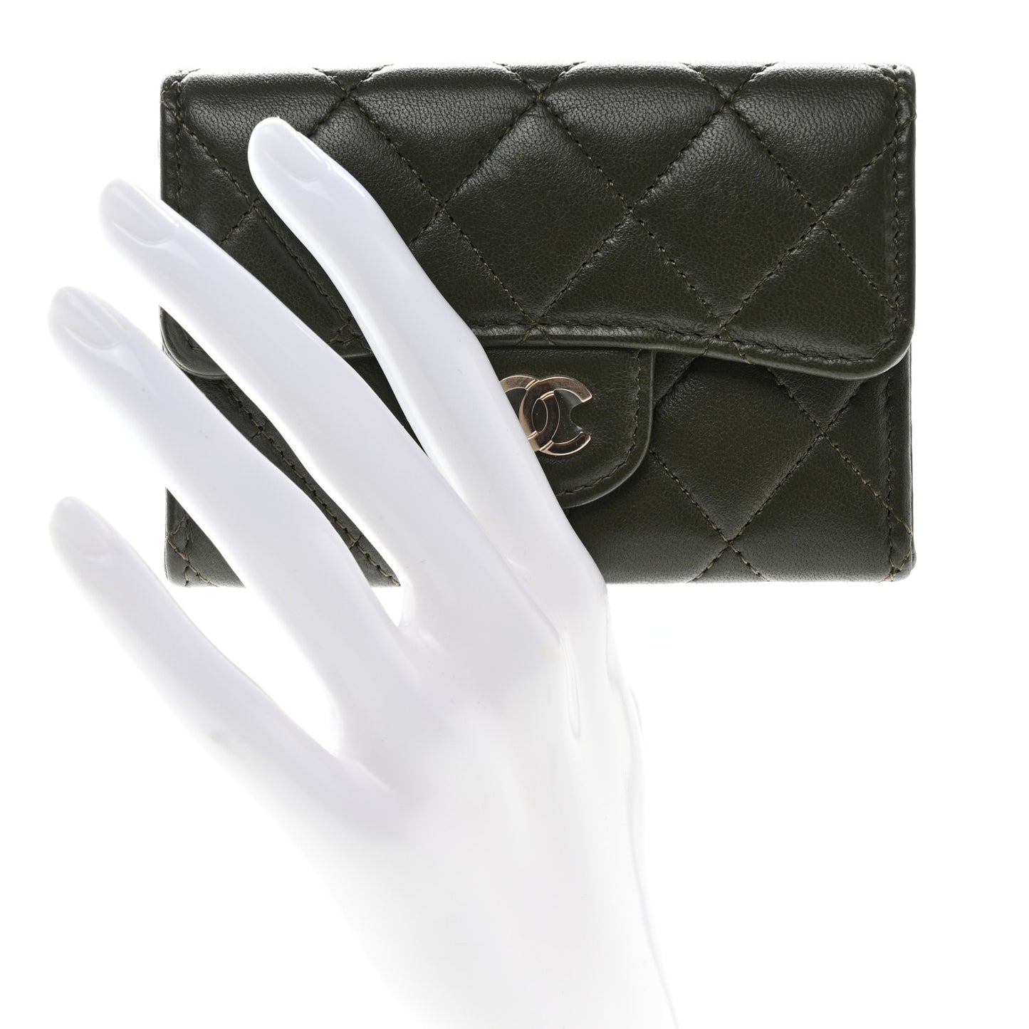 Lambskin Quilted Flap Card Holder Wallet Khaki