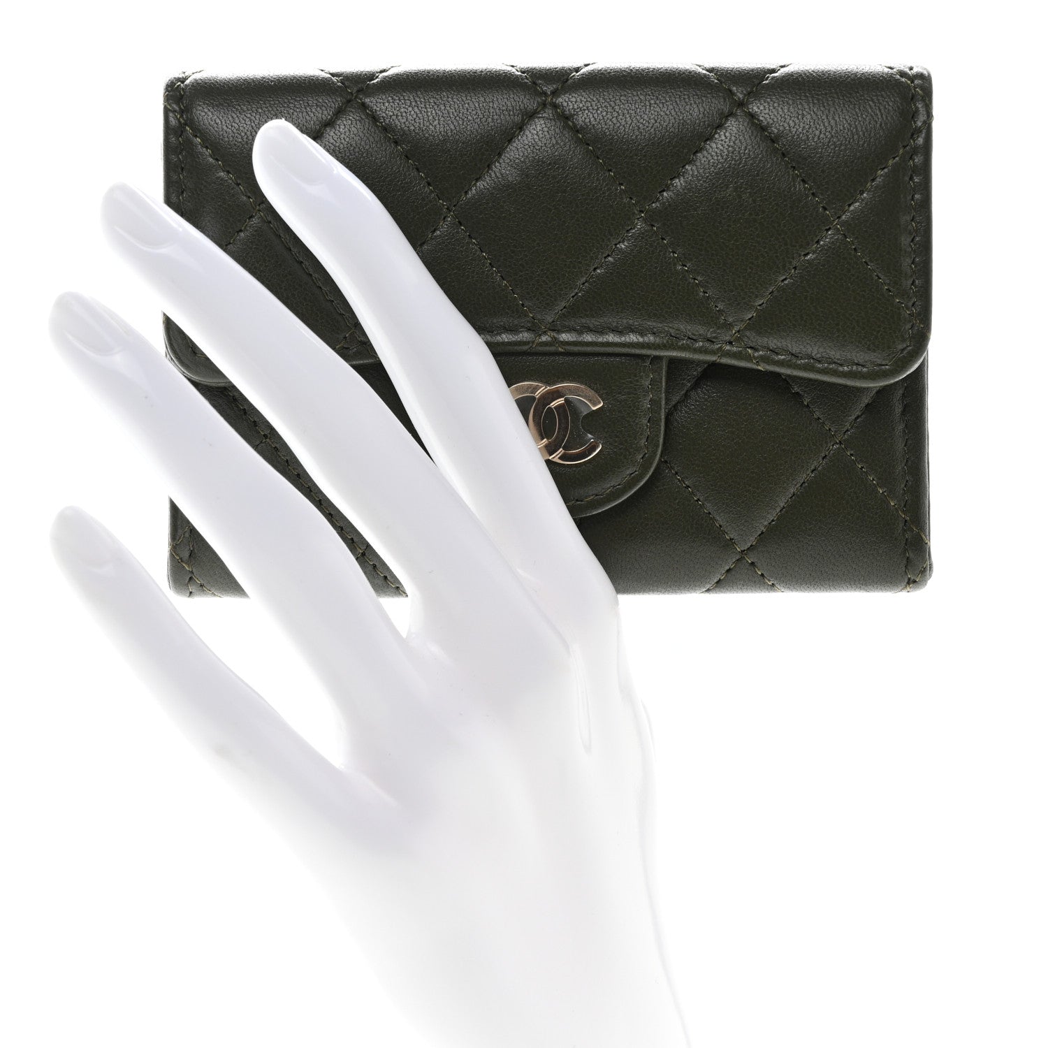 Chanel Lambskin Quilted Flap Card Holder Wallet Khaki 2 of 9