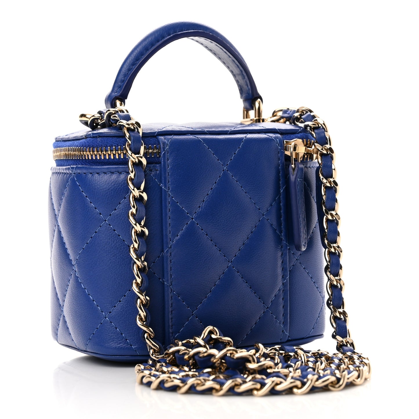 Lambskin Quilted Top Handle Mini Vanity Case With Chain Blue