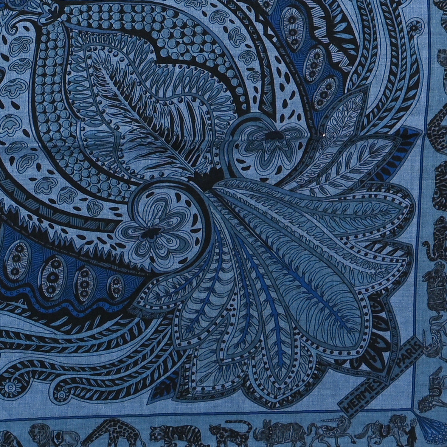 Hermes Cashmere Silk Le Jardin De La Maharani Shawl 140 Bleu Chine Blue Jean Black 2 of 4