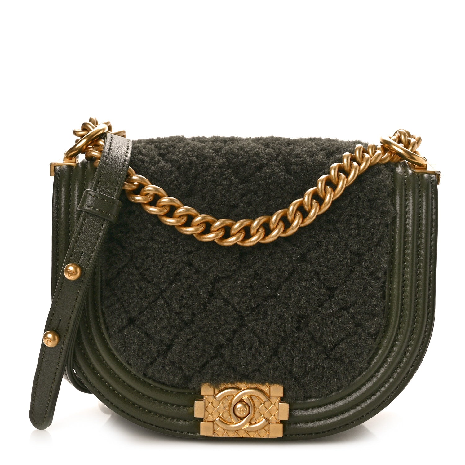 Chanel Calfskin Shearling Quilted Small Boy Messenger Bag Khaki 1 of 10