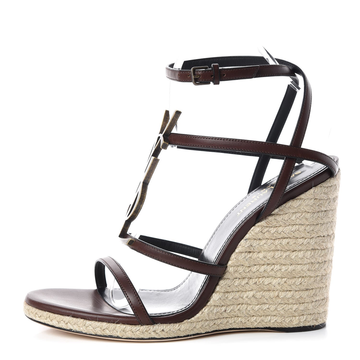 Saint Laurent Calfskin Cassandra Espadrille 105 Wedges 39 Chocolate 1 of 8