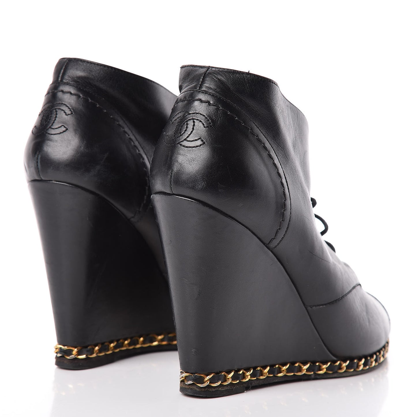 Lambskin CC Chain Wedge Boots 40 Black