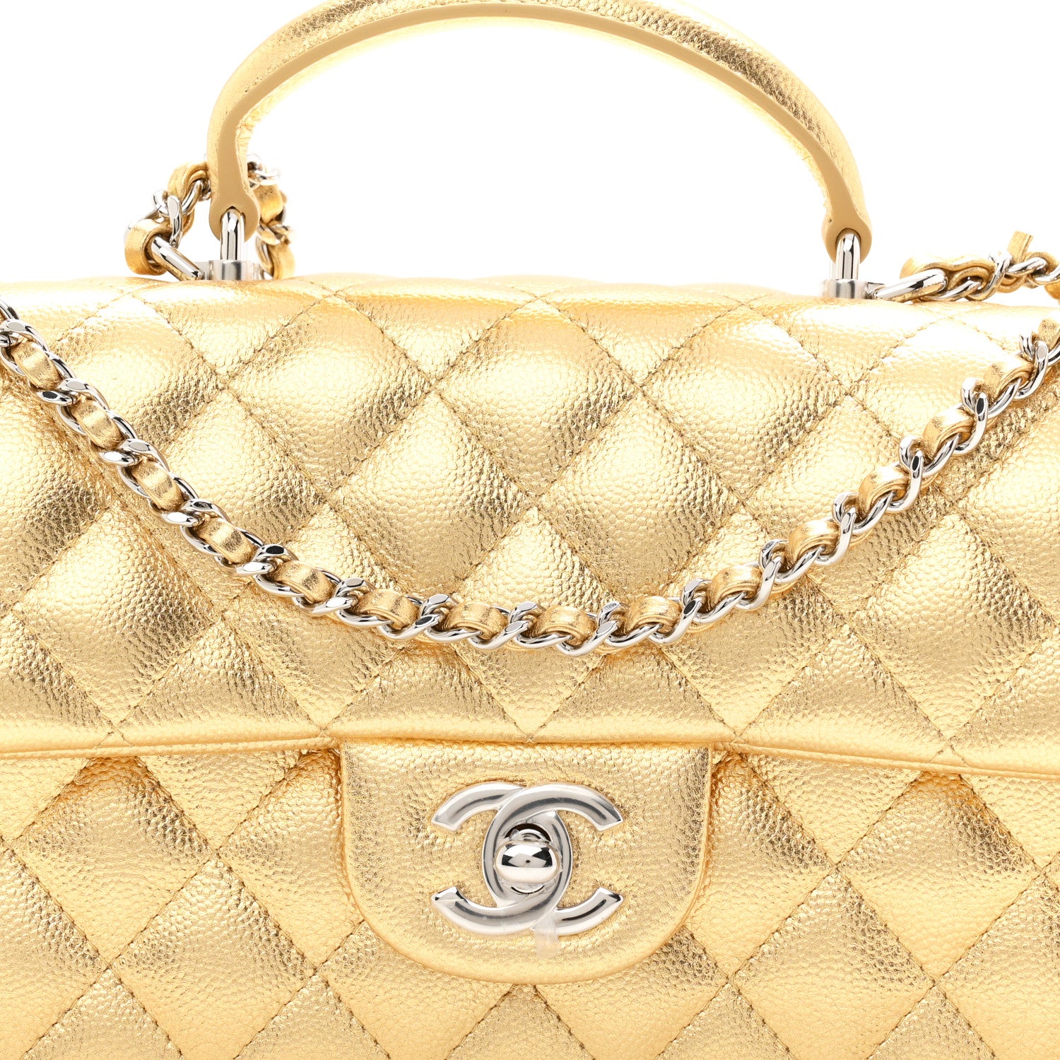 Chanel Metallic Caviar Quilted Top Handle East West Flap Gold