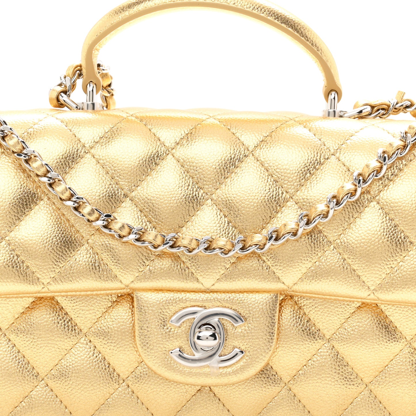 Metallic Caviar Quilted Top Handle East West Flap Gold