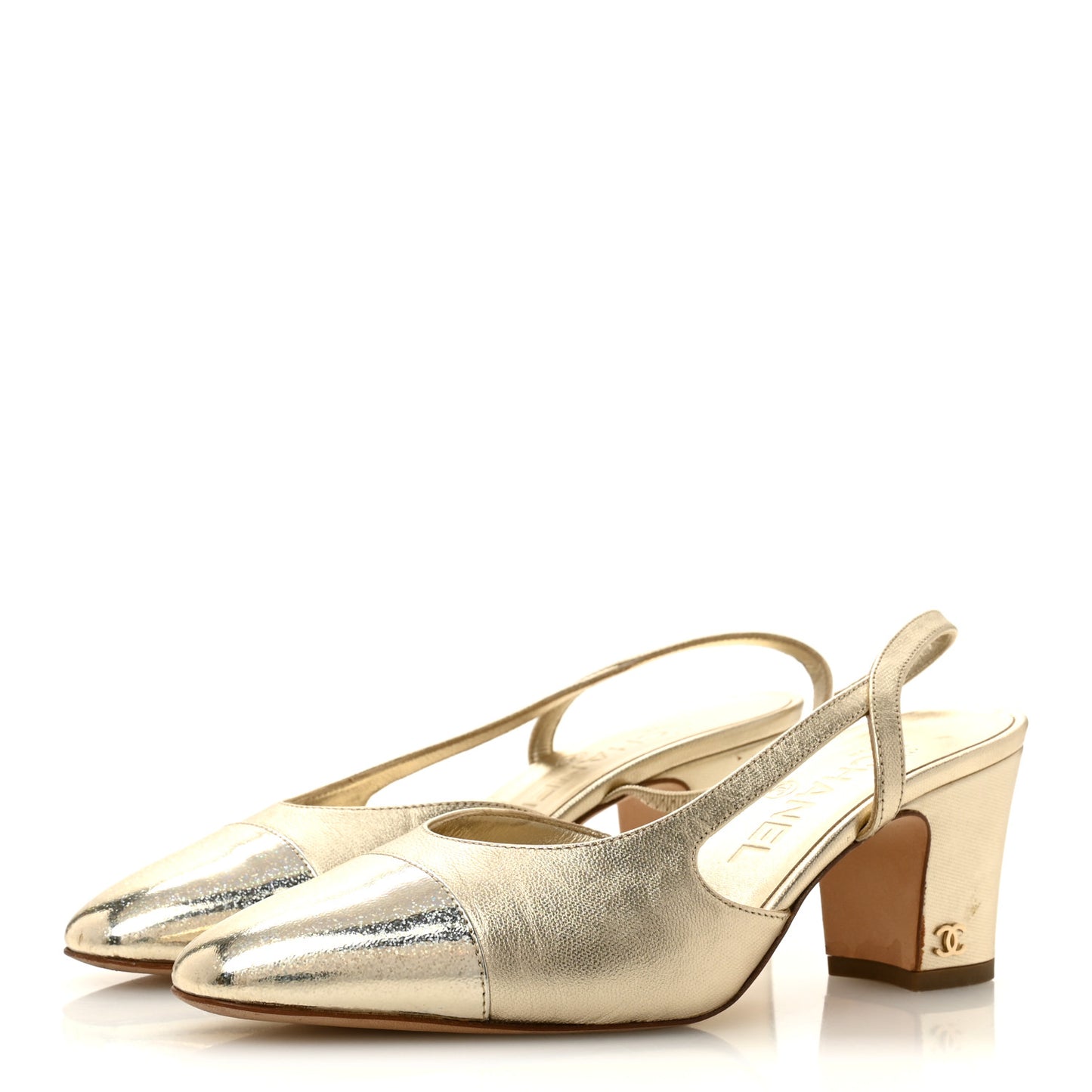 Metallic Calfskin Grosgrain Cap Toe CC Slingback Sandals 36 Gold