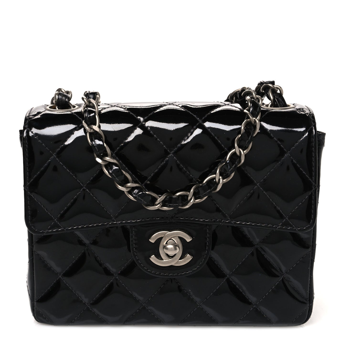 Patent Calfskin Quilted Mini Square Flap Black