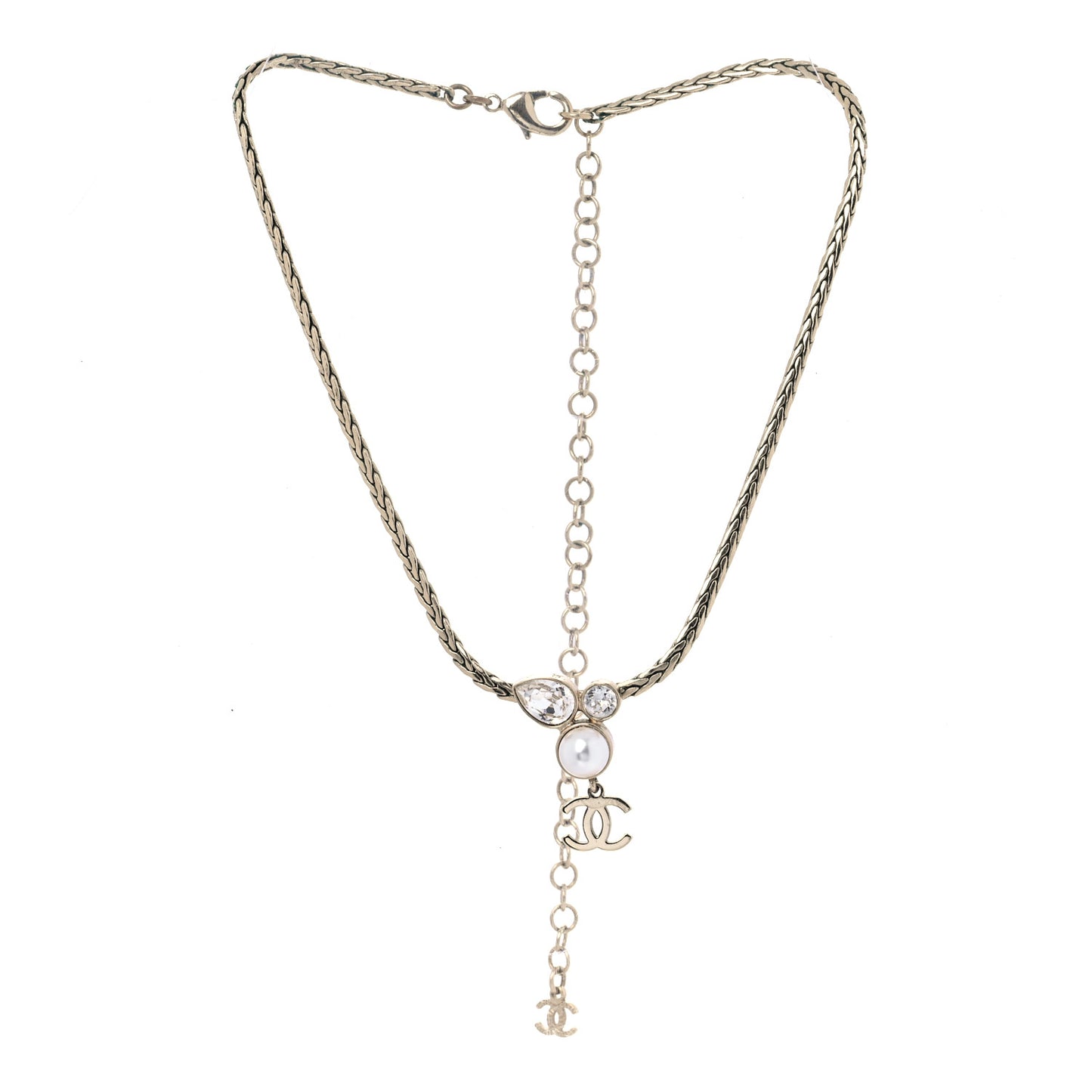 Pearl Crystal CC Teardrop Braided Necklace Gold