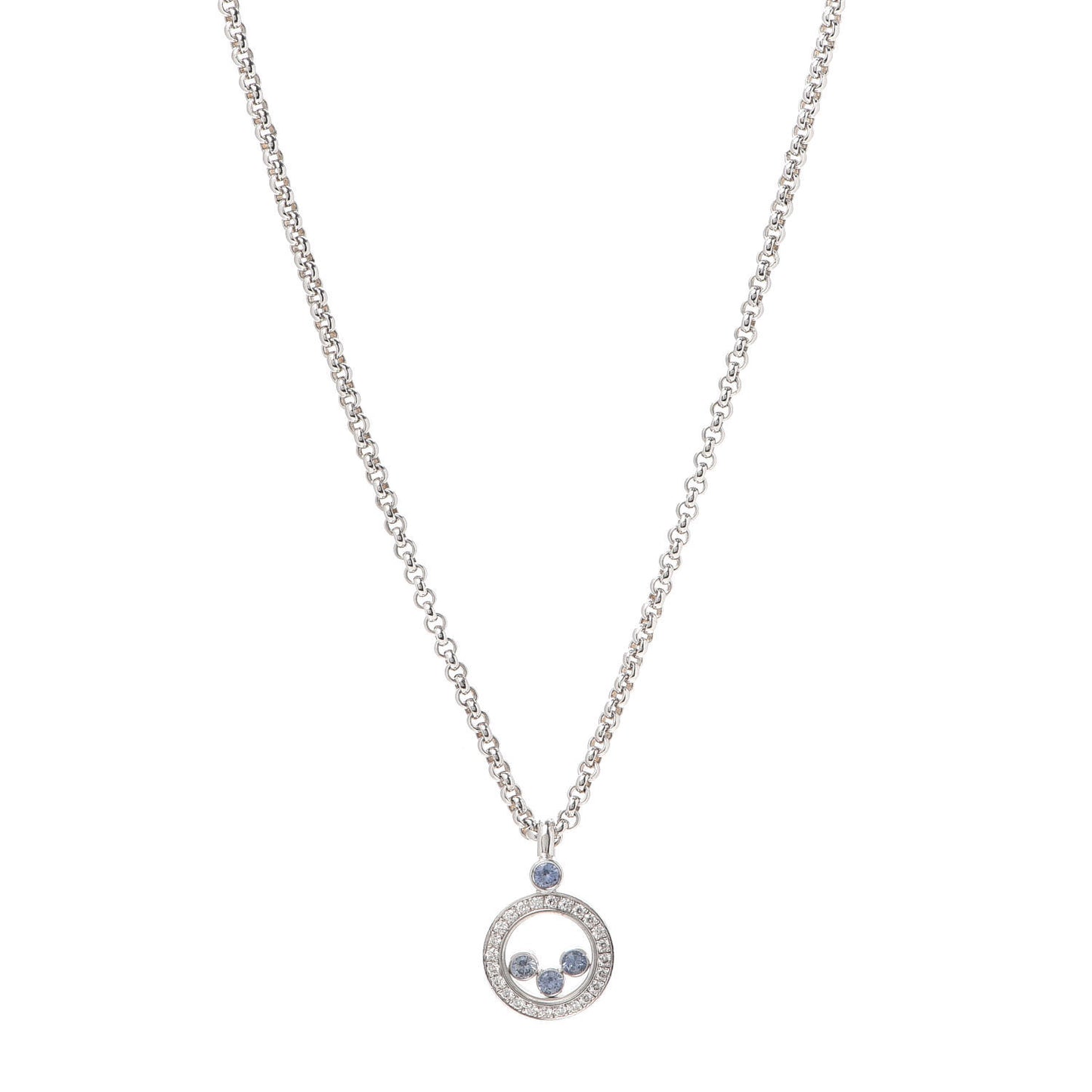 18K White Gold Blue Sapphire Diamond Happy Diamonds Pendant Necklace