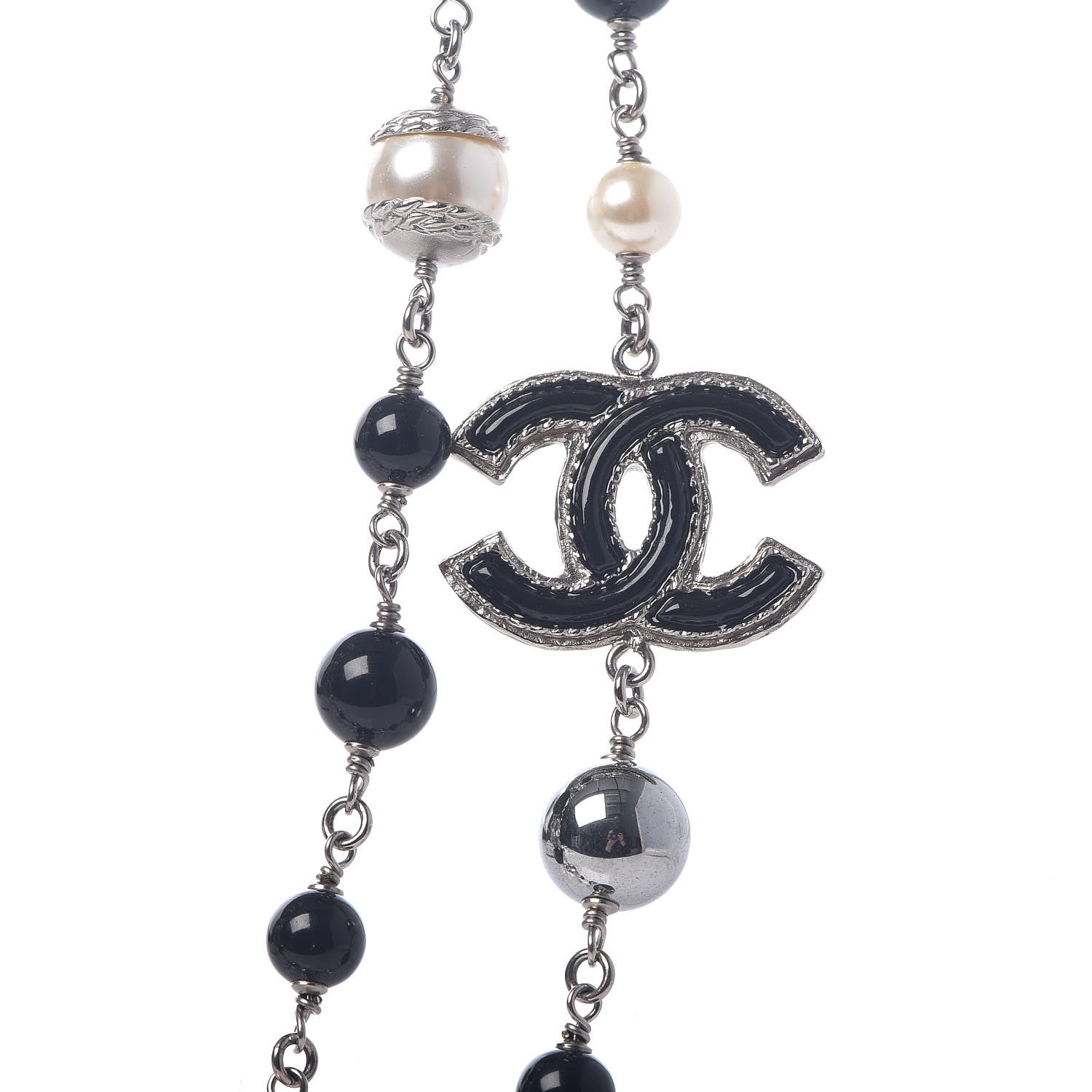 Chanel Pearl Beaded Enamel CC Long Necklace Silver 5 of 5