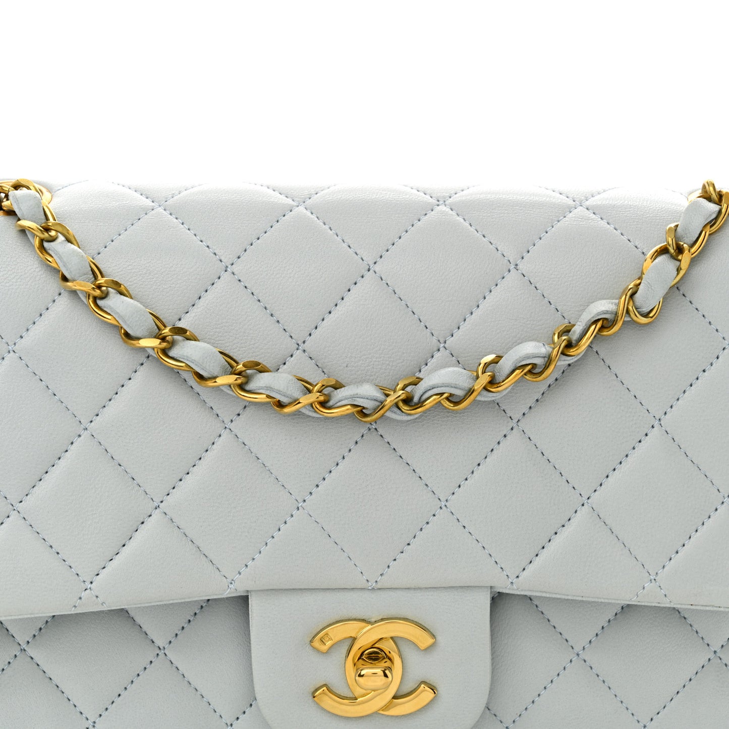 Lambskin Quilted Medium Double Flap Light Blue