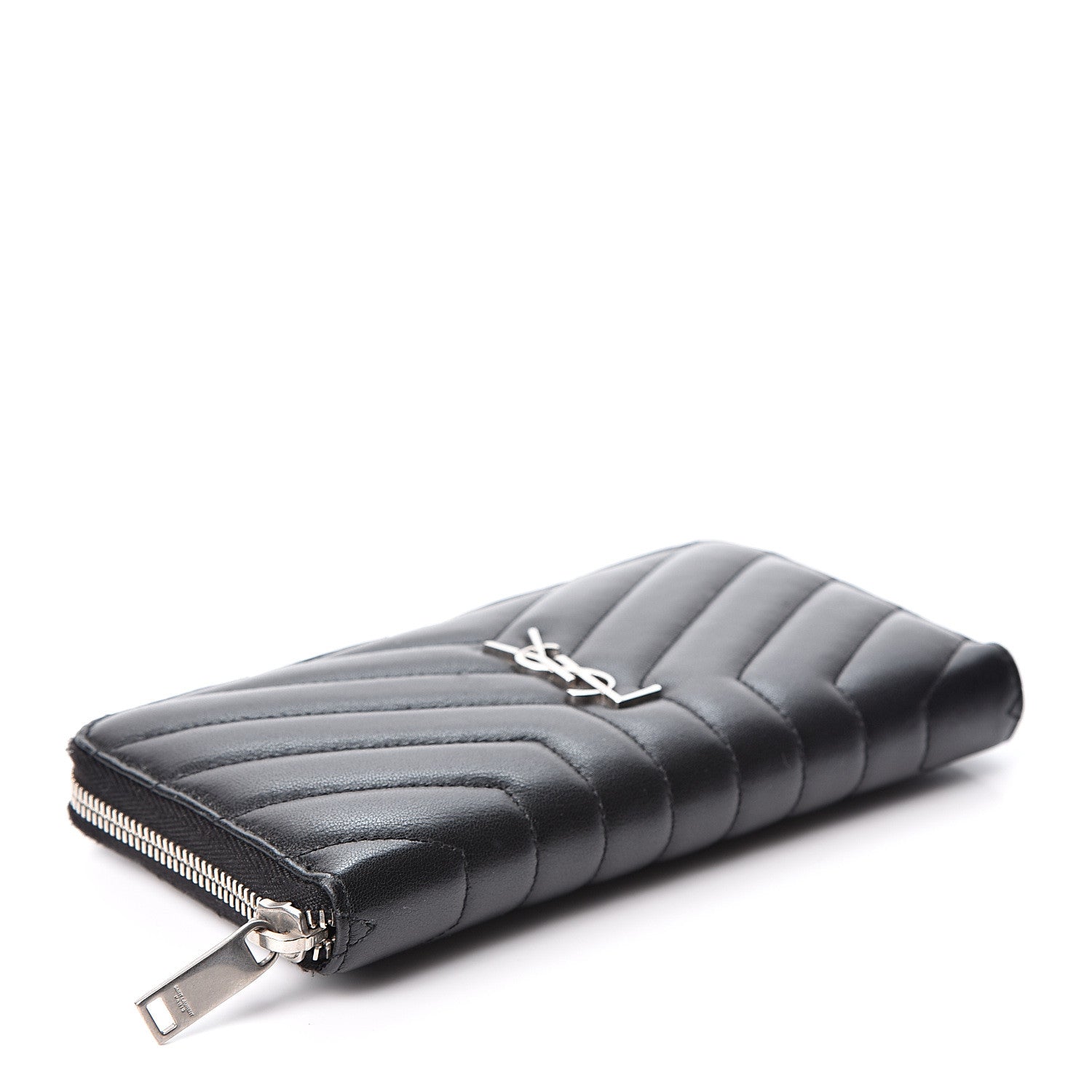 Saint Laurent Calfskin Matelasse Chevron Monogram Zip Around Wallet Black 3 of 8