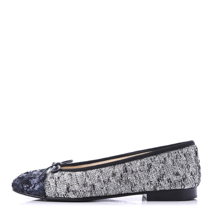 Chanel Tweed Sequin Cap Toe Ballerina Flats 36 Black Blue 1 of 9