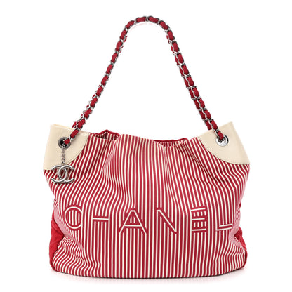 Chanel Striped Canvas Logo Tote Red 1 of 10