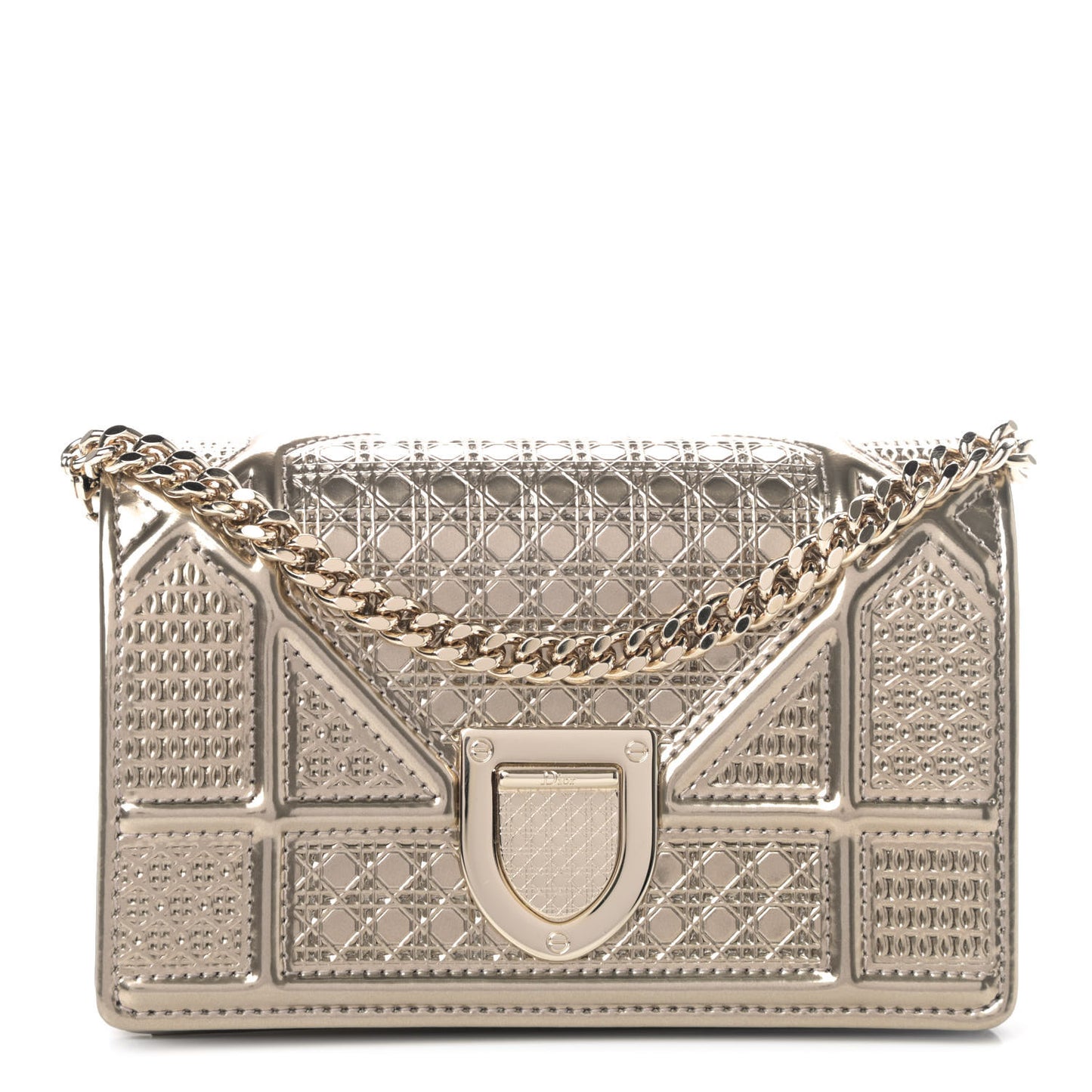 Metallic Patent Micro-Cannage Baby Diorama Flap Bag Gold