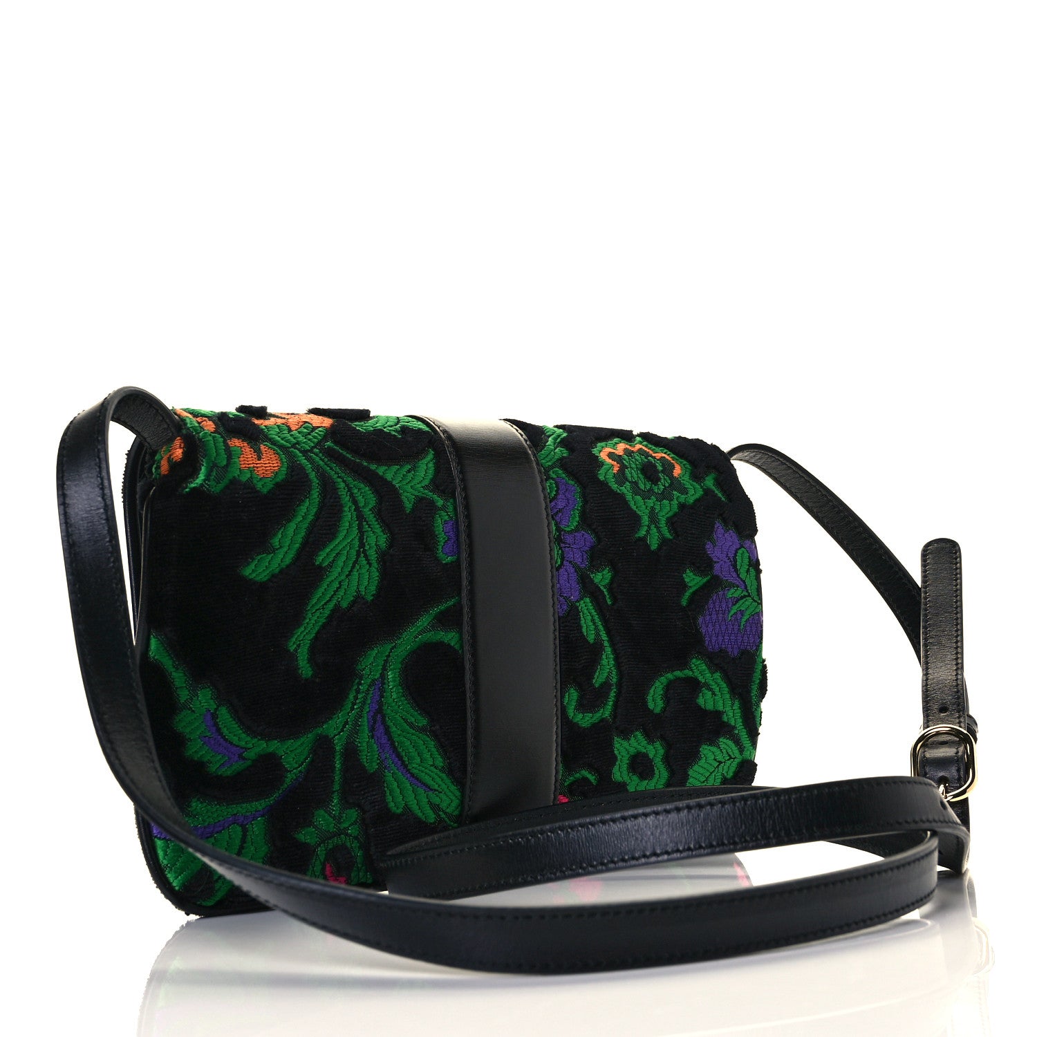 Gucci Velvet Jacquard Floral Embroidered Small Arli Flap Shoulder Bag Black Green Multicolor 6 of 27