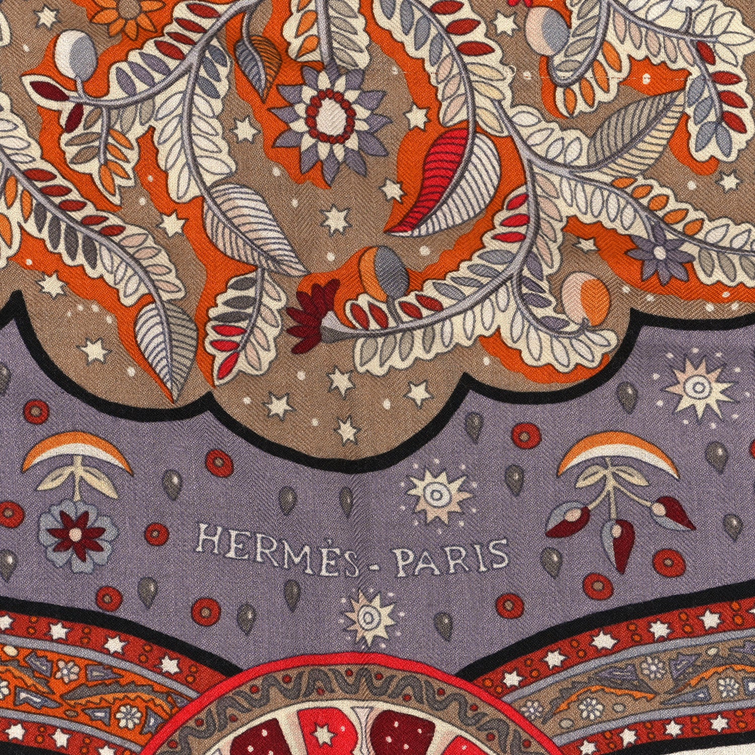 Hermes Cashmere Silk Aux Portes Du Palais Shawl 140 Black Beige Rouge 2 of 6