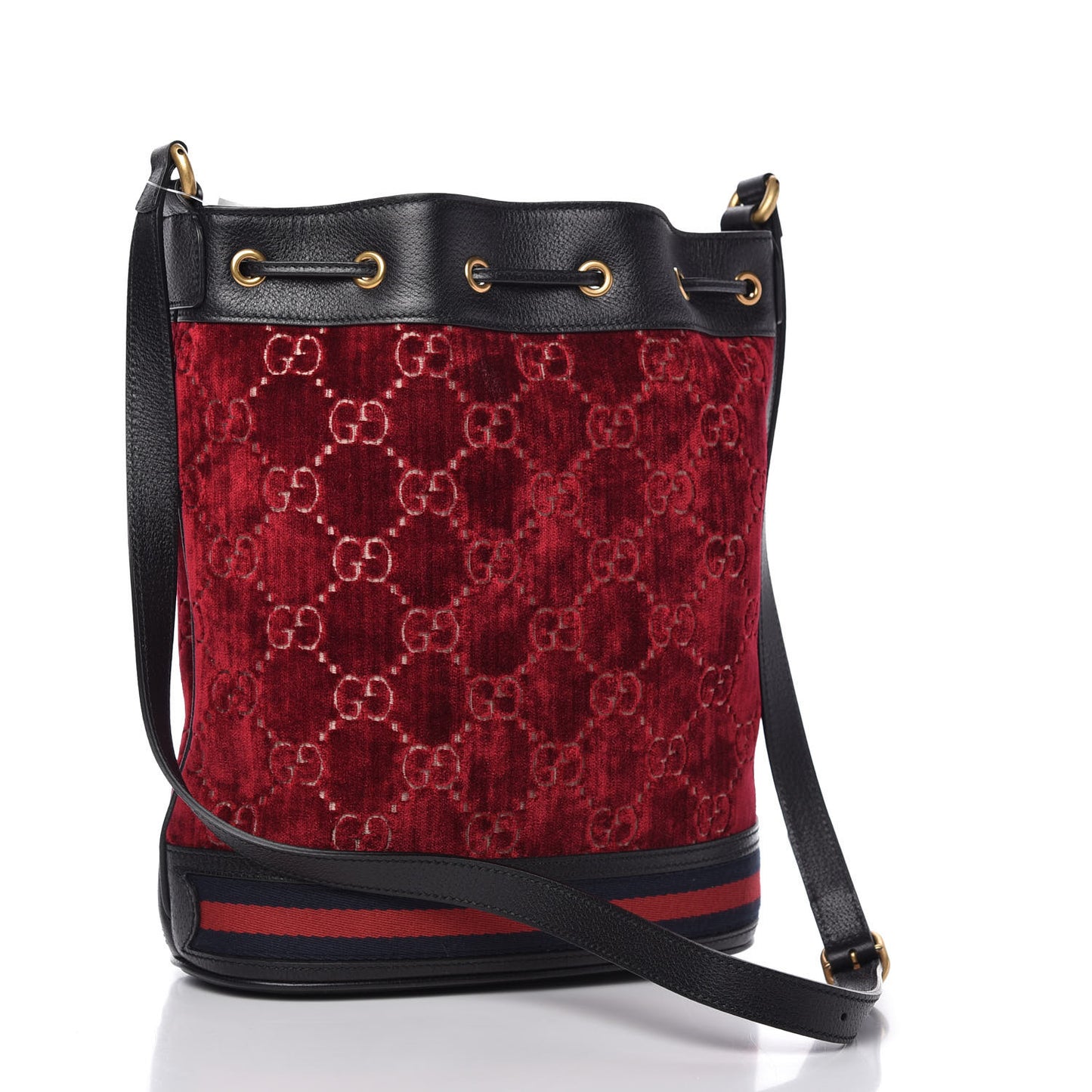 Velvet GG Monogram Textured Calfskin Web Bucket Bag Red Cipria Black