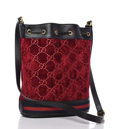 Gucci Velvet GG Monogram Textured Calfskin Web Bucket Bag Red Cipria Black 3 of 10