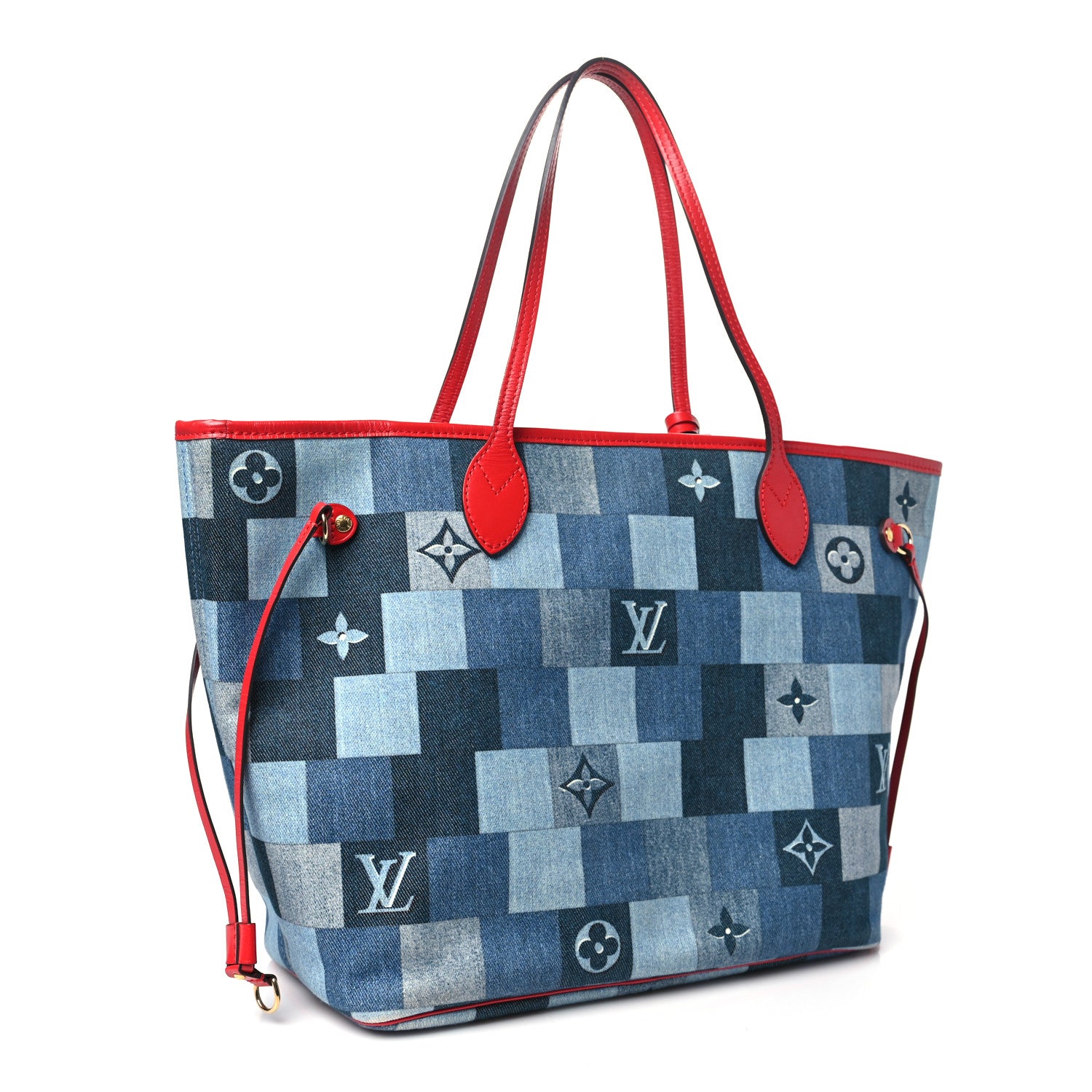 Louis Vuitton Denim Damier Monogram Patchwork Neverfull Blue Rouge 3 of 9