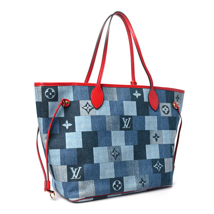Louis Vuitton Denim Damier Monogram Patchwork Neverfull Blue Rouge 3 of 9
