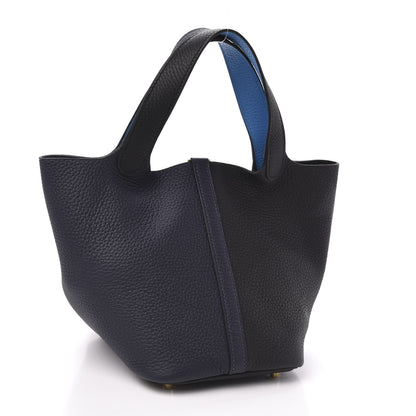 Hermes Taurillon Clemence Casaque Picotin Lock 18 PM Blue Nuit Black Bleu Frida 3 of 12