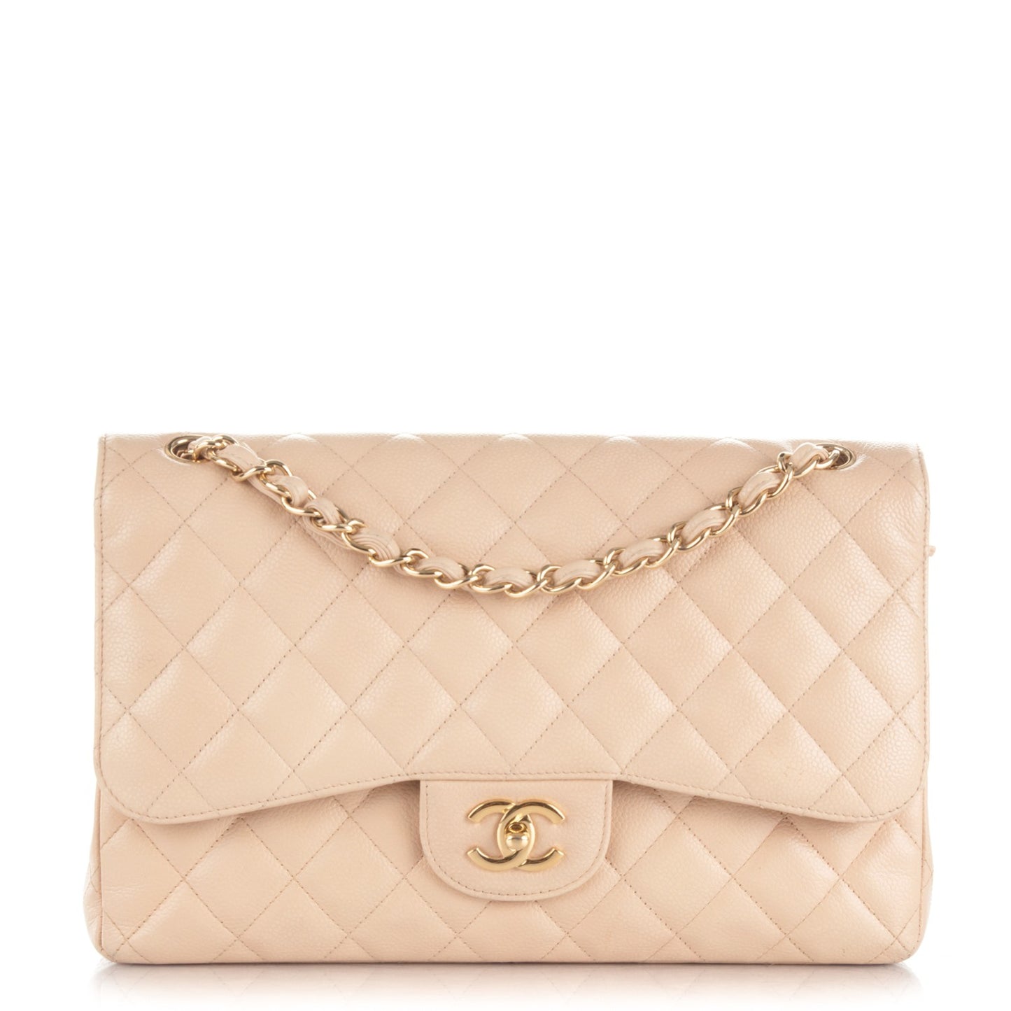 Caviar Quilted Jumbo Double Flap Beige Clair