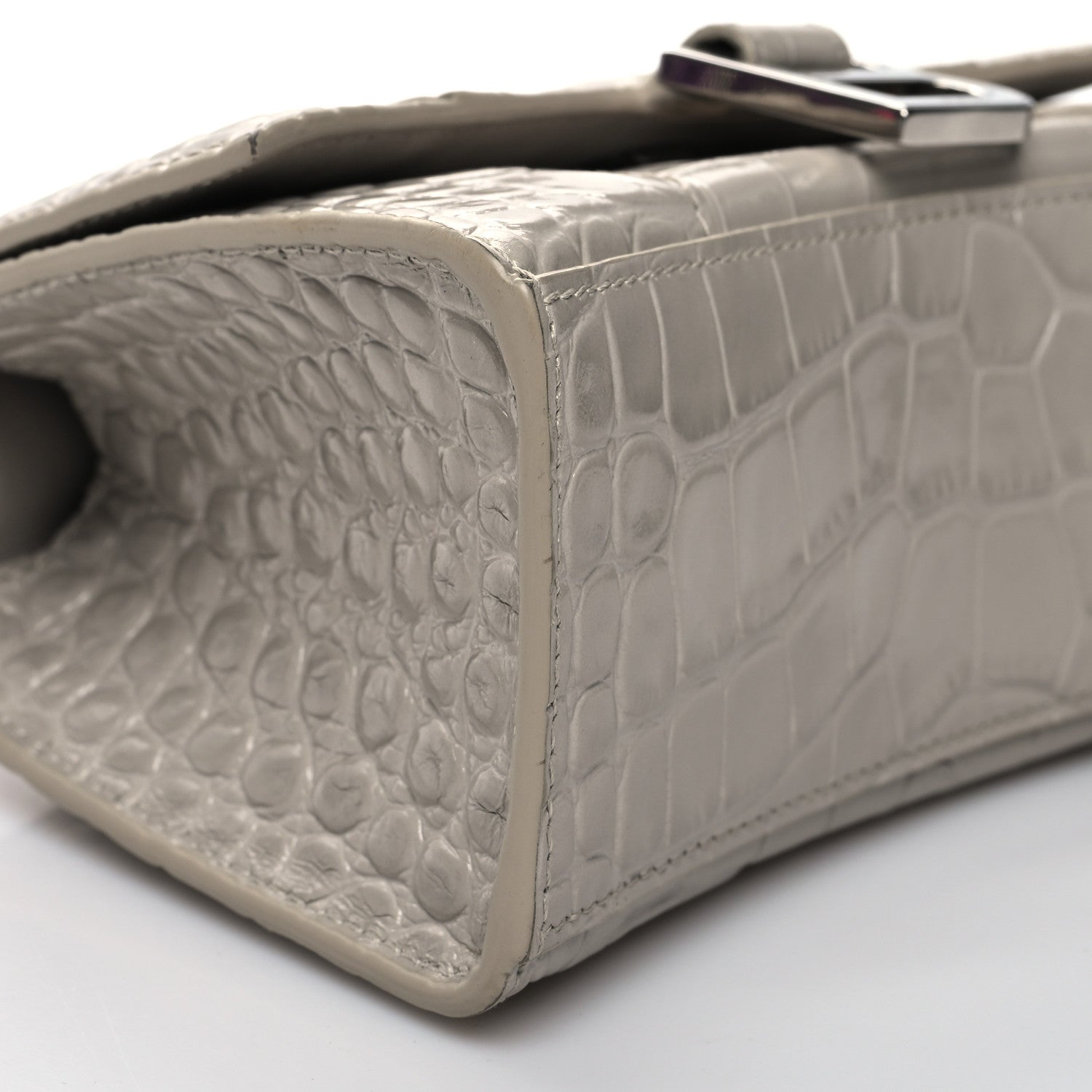 Balenciaga Shiny Calfskin Crocodile Embossed Hourglass Top Handle Bag XS Cold Beige 10 of 14