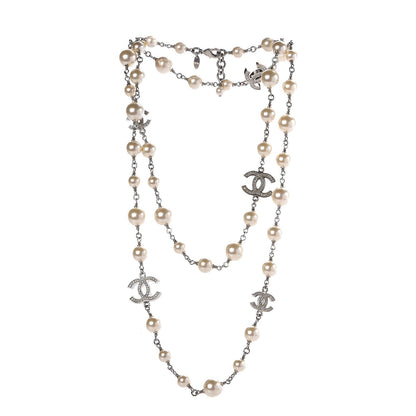 Chanel Crystal Pearl CC Long Necklace Silver 3 of 6