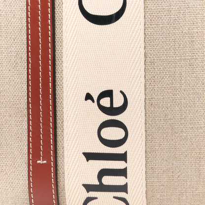 Chloe Linen Calfskin Small Woody Ribbon Tote With Strap White Brown 8 of 12