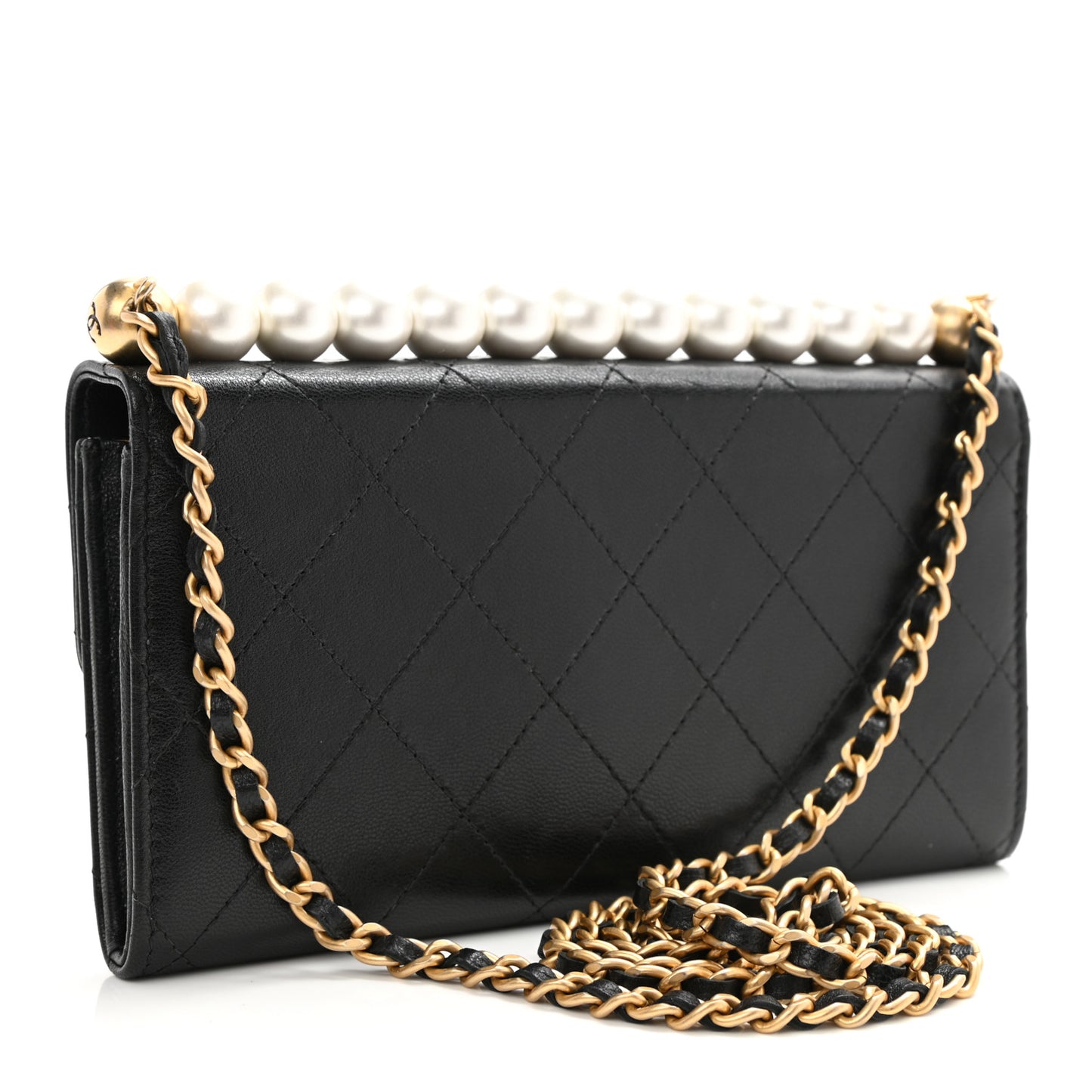 Goatskin Quilted Chic Pearls Clutch With Chain Black