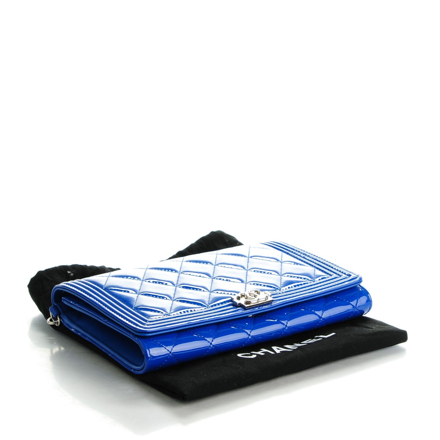 Patent Calfskin Quilted Boy Wallet on Removable Chain Blue