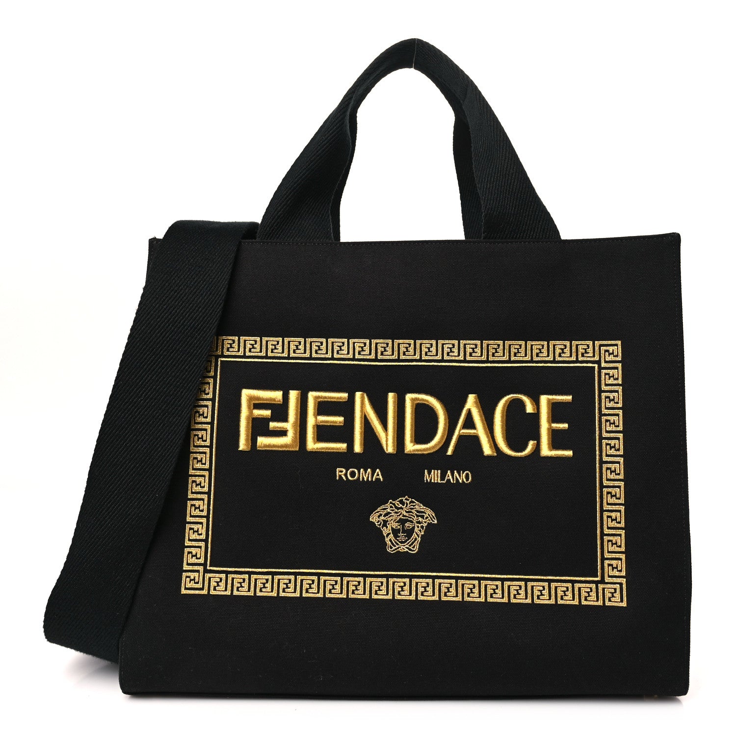 Fendi X VERSACE Cotton Canvas Cuoio Romano Fendace Logo Embroidered Signature Shopping Tote Black Gold 1 of 8
