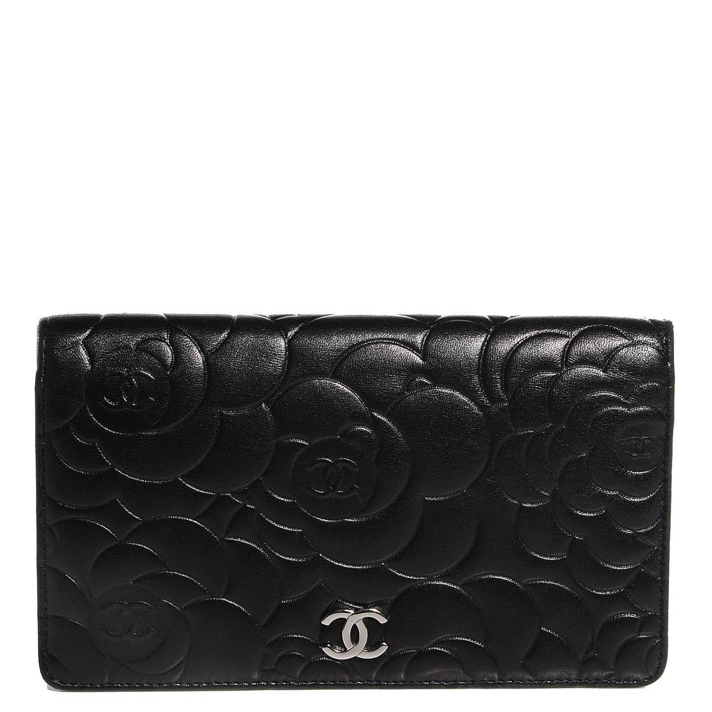 Lambskin Camellia Embossed Yen Wallet Black