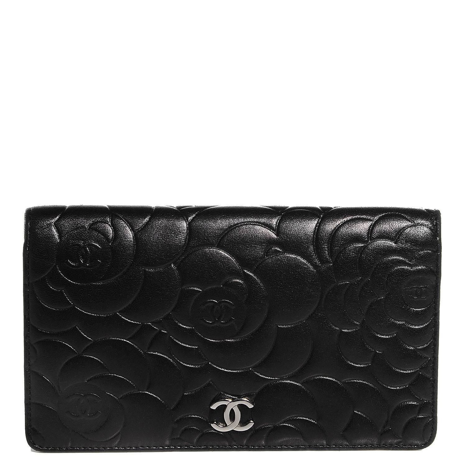 Chanel Lambskin Camellia Embossed Yen Wallet Black 1 of 8