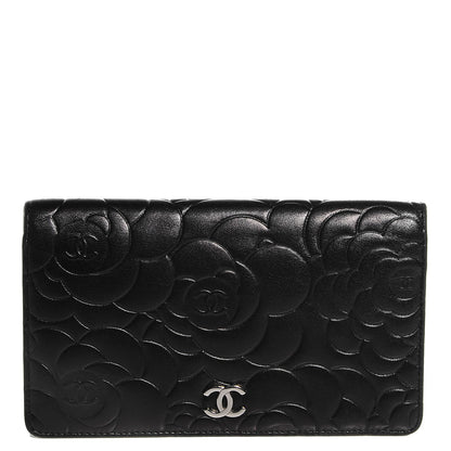 Chanel Lambskin Camellia Embossed Yen Wallet Black 1 of 8