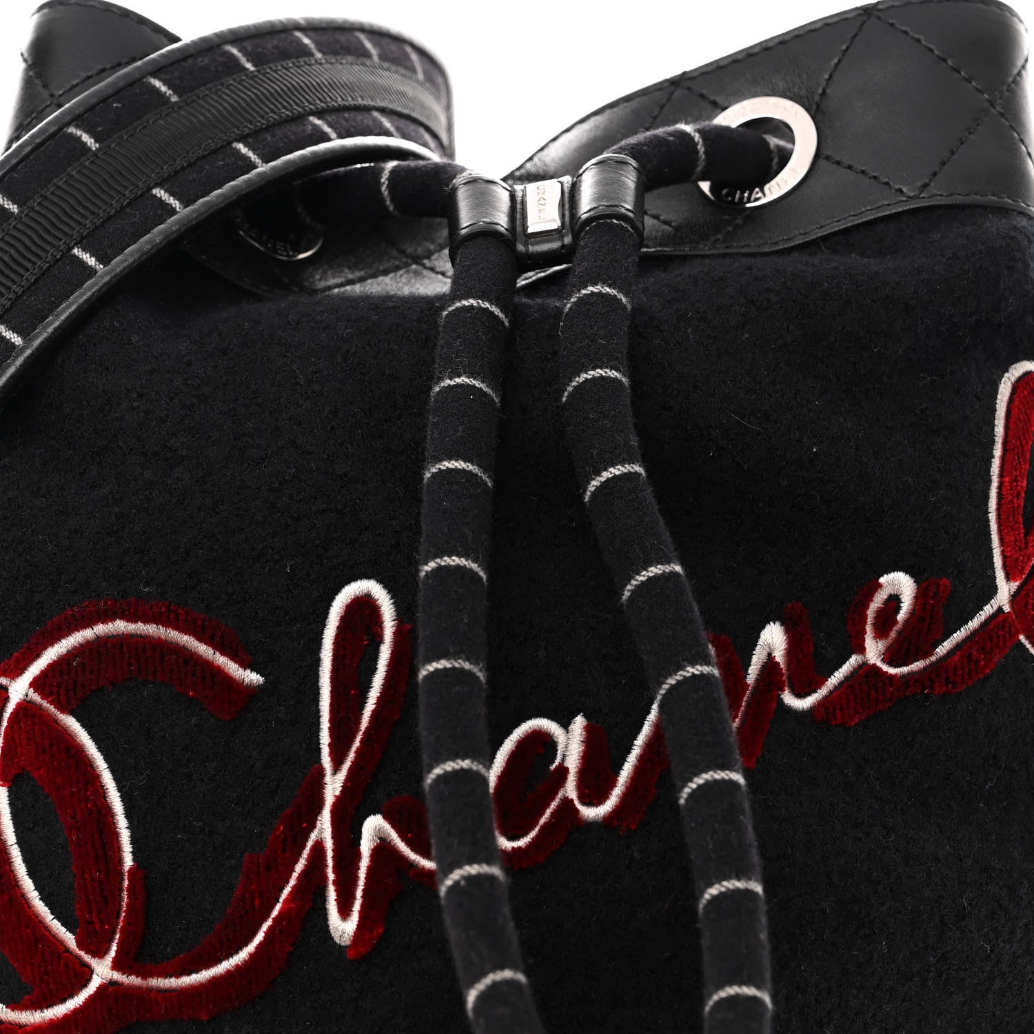 Chanel Wool Calfskin Embroidered Paris Hamburg Drawstring Backpack Black 8 of 11