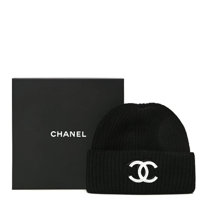 Chanel Wool Cashmere CC Beanie Hat Light Black White 16 of 16