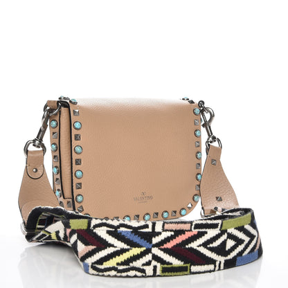 Valentino Garavani Grained Calfskin Turquoise Guitar Strap Rockstud Rolling Shoulder Flap Messenger Bag Soft Noisette 3 of 7