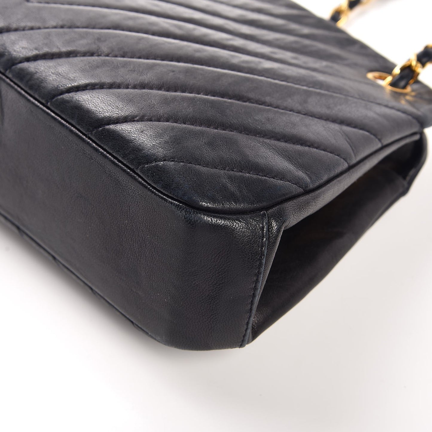 Vintage Lambskin Chevron Quilted Frame Shoulder Bag Navy