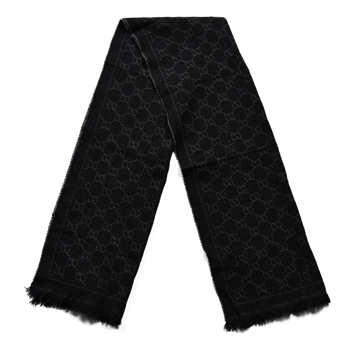 Wool Jacquard GG Monogram Sten Fringe Scarf Anthracite Black