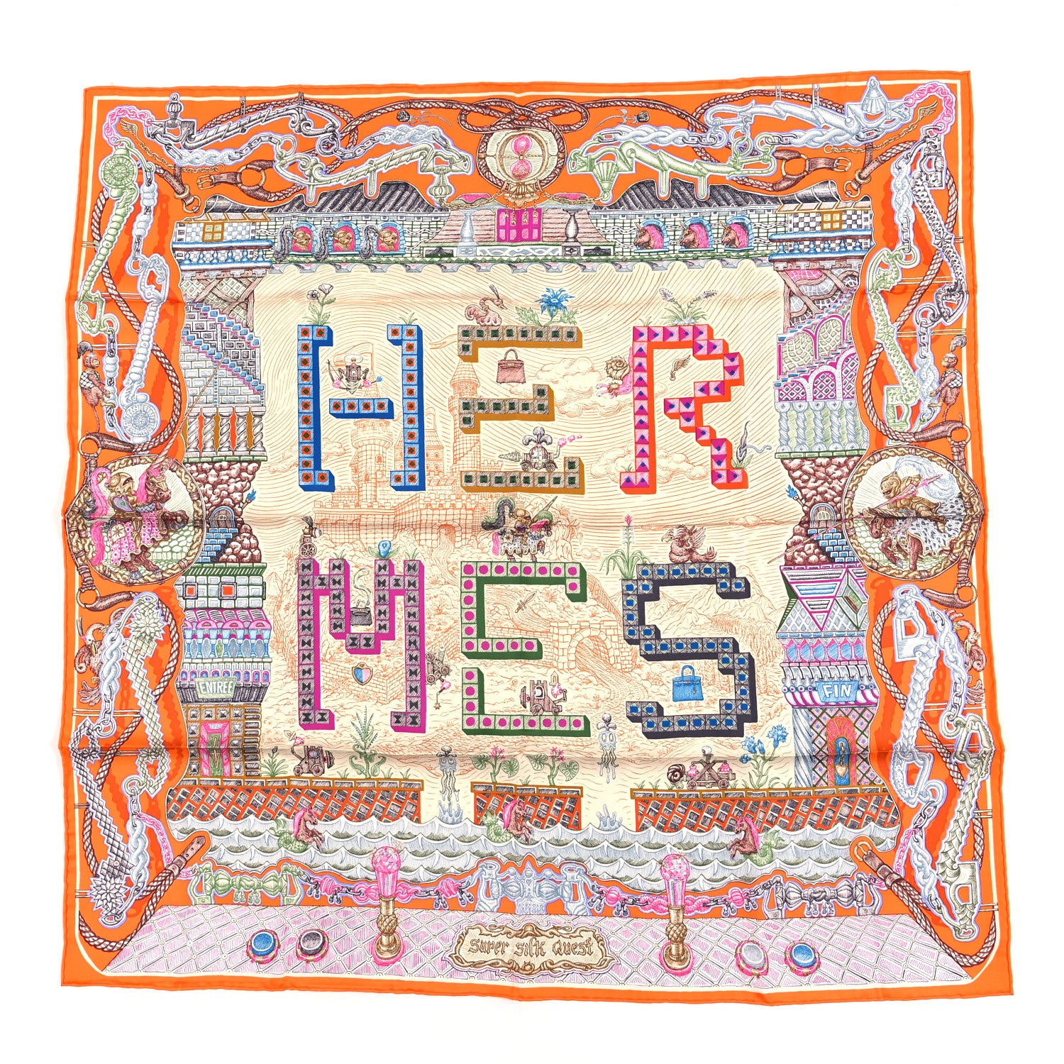 Hermes Silk Super Silk Quest Scarf 90 Rouge Grenadine Orange Vert Multicolor 1 of 3